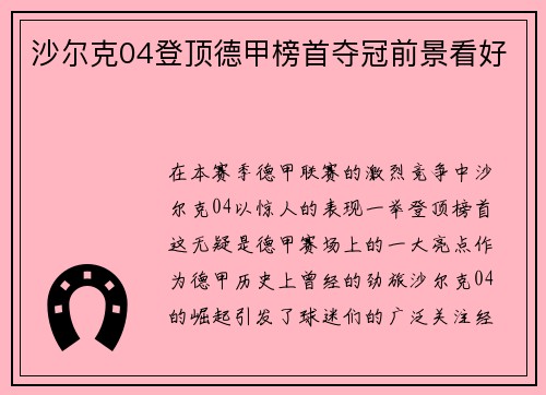 沙尔克04登顶德甲榜首夺冠前景看好